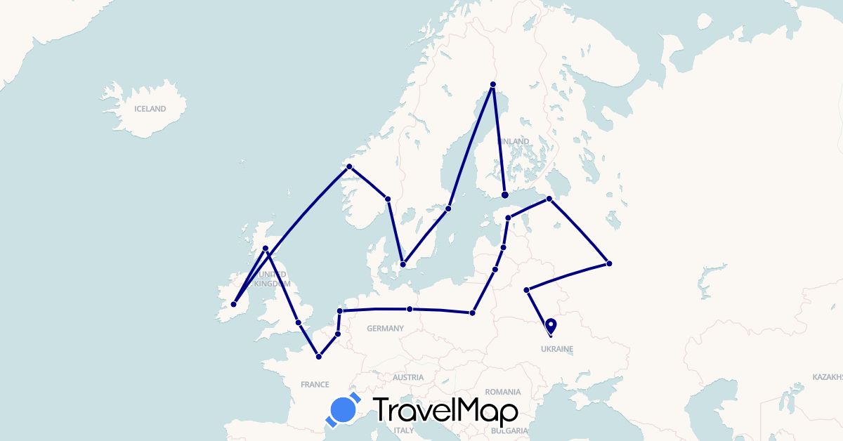 TravelMap itinerary: driving in Belgium, Belarus, Germany, Denmark, Estonia, Finland, France, United Kingdom, Ireland, Lithuania, Latvia, Netherlands, Norway, Poland, Russia, Sweden, Ukraine (Europe)