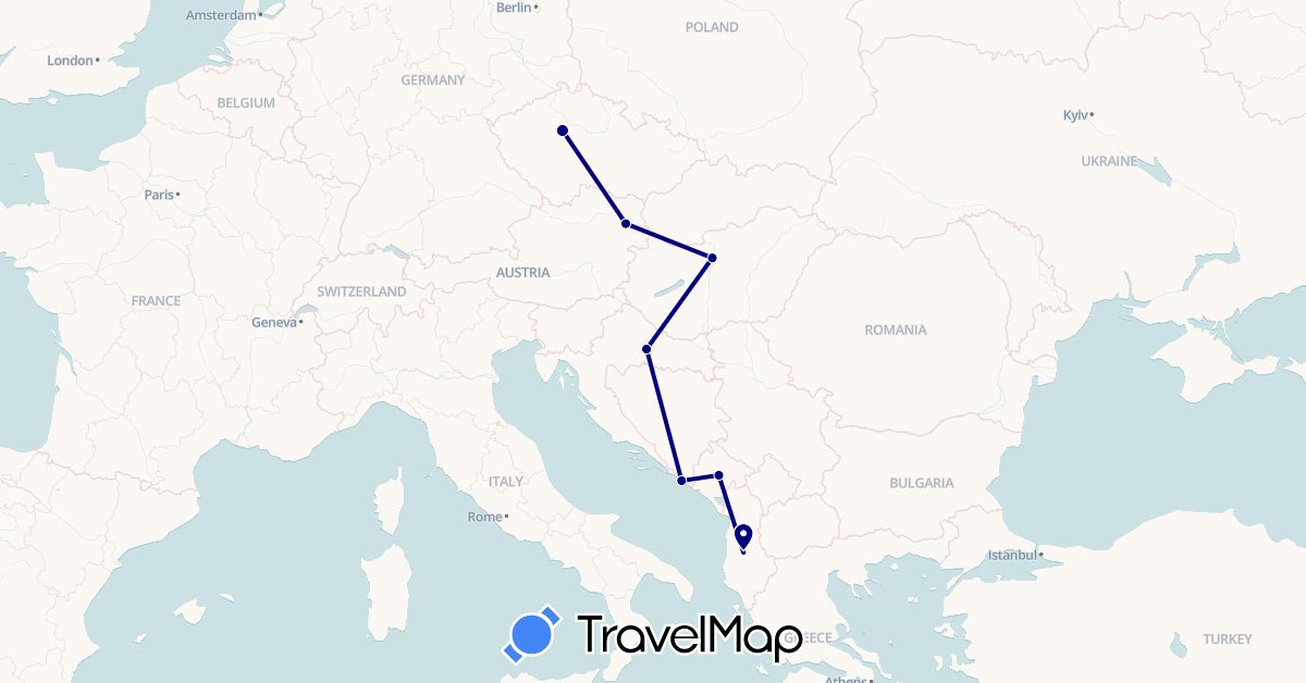 TravelMap itinerary: driving in Albania, Austria, Czech Republic, Croatia, Hungary, Montenegro (Europe)